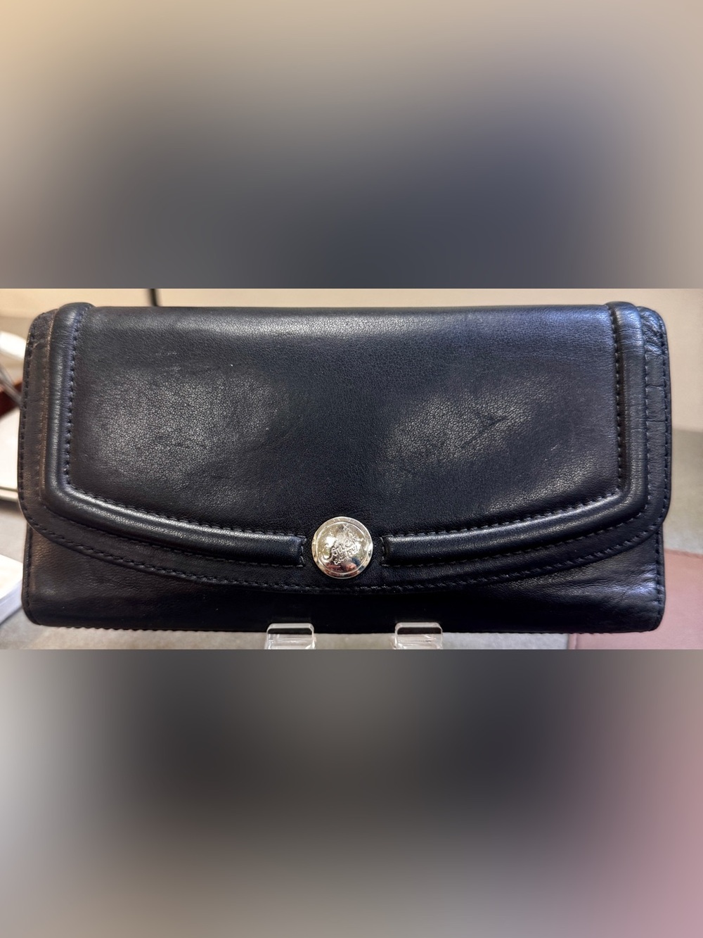 Coach Black Leather Women's Wallet Clutch with Silver Button